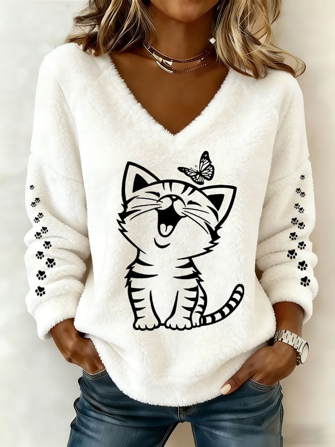 Women's Cute Cat Print Casual Flannel Top