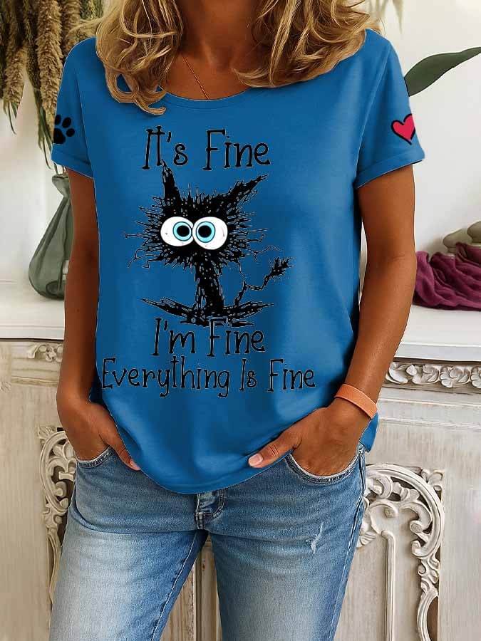 🐾Buy 3 Save 10%🐱Women's Retro It'S Fine I'M Fine Everything Is Fine Cat Print T-Shirt💛100% For Shelter Pets🐱🐶