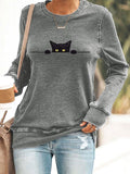 Women's Cat Printed Crew Neck Sweatshirt