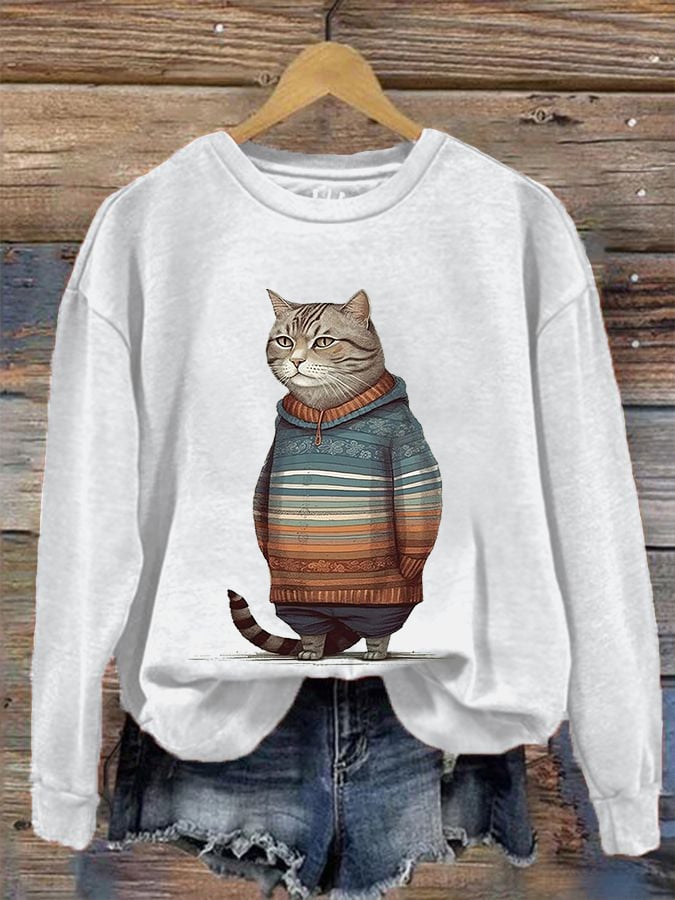 Women's Winter Cat Print Crew Neck Sweatshirt