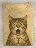 🐾Buy 3 Save 10%🐱Women's Cute Animal Scared Cat Pattern Print Round Neck T-Shirt💛100% For Shelter Pets🐱🐶