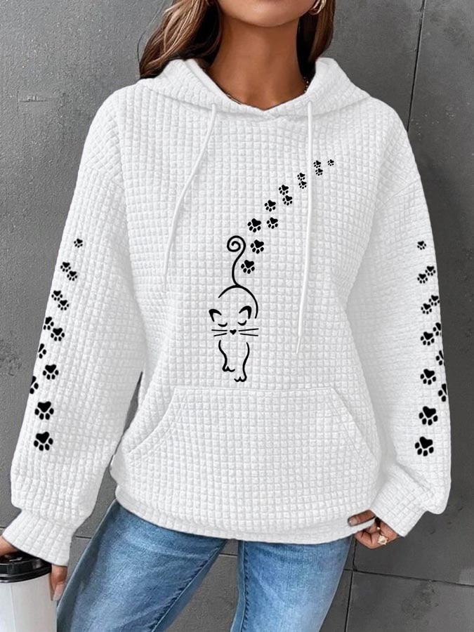 Women's Cute Cat Paw Print Cat Lovers Casual Waffle Hoodie