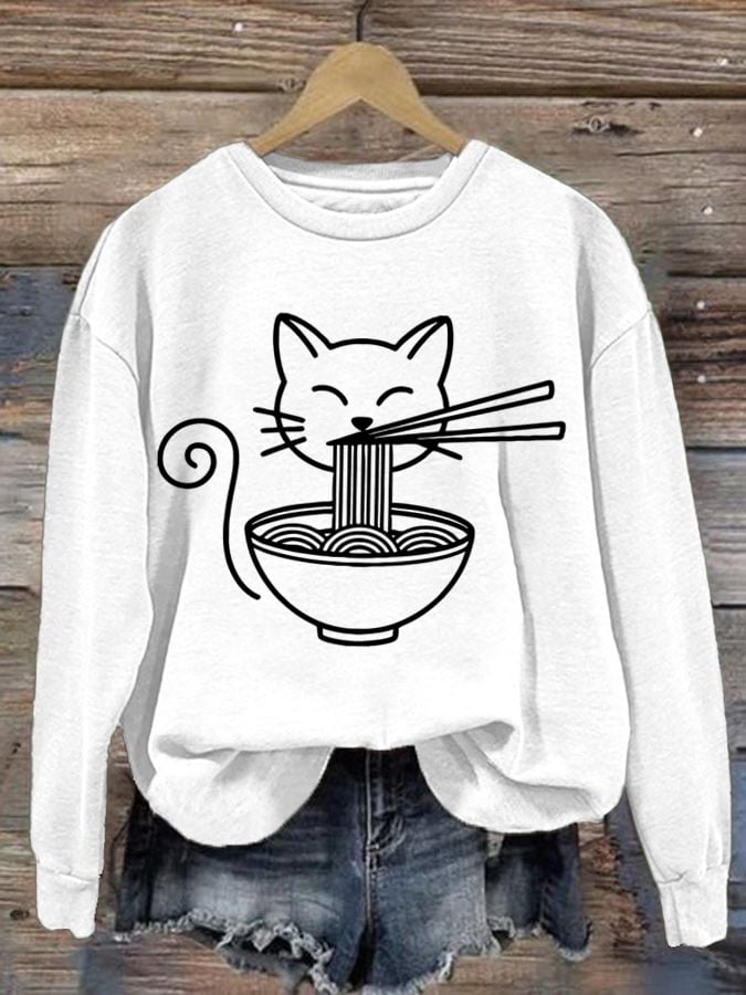 Women'S Minimalist Cat Eating Ramen Print Casual Sweatshirt