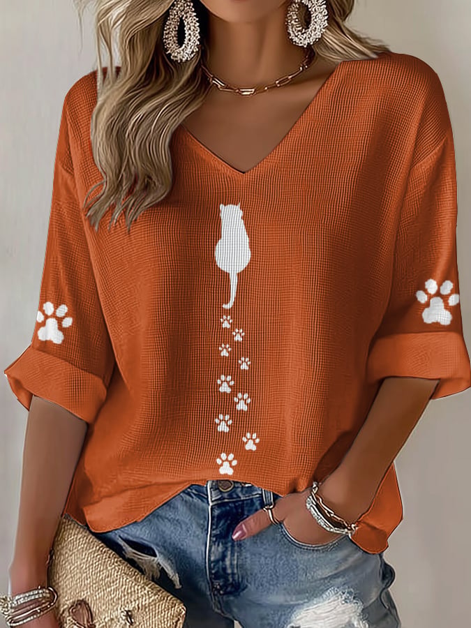 🐾Buy 3 Save 10%🐱Women's Cute Cat Print Waffle T-shirt💛100% For Shelter Pets🐱🐶