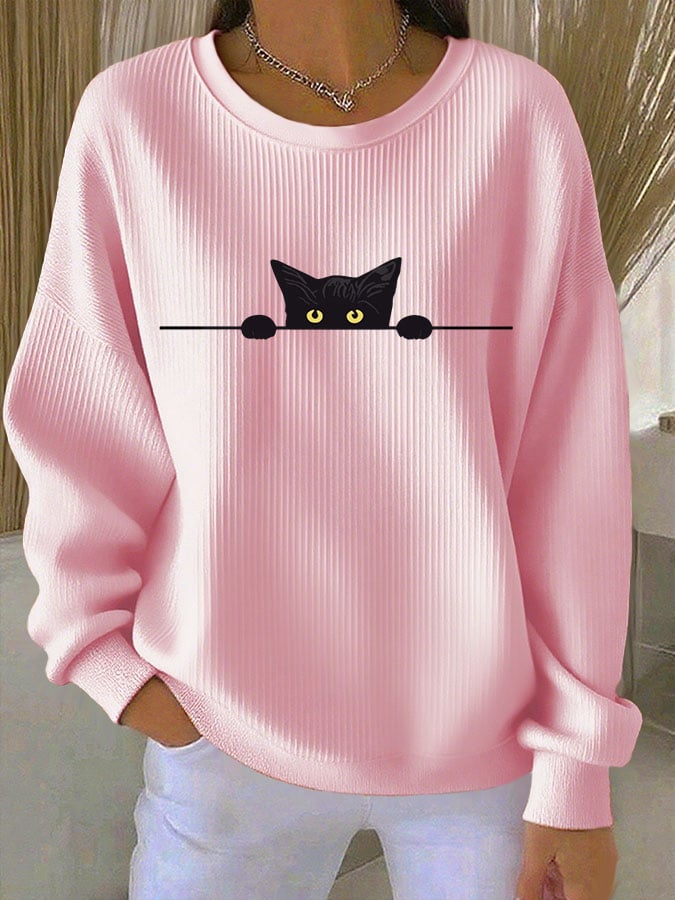 Women's Cat Print Knit Crew Neck Long Sleeve Top