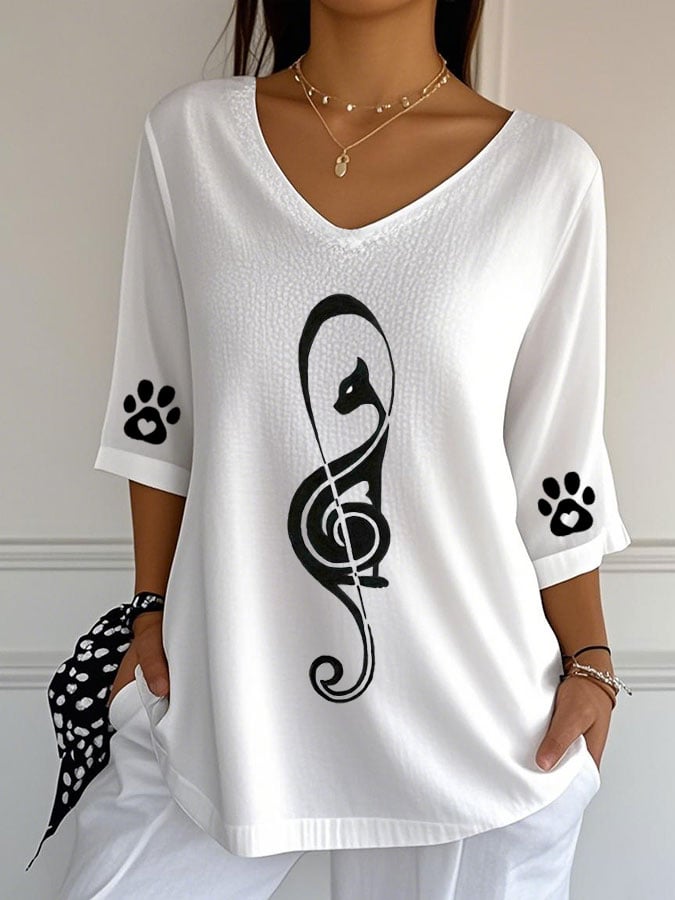 Women's Cute Cat Print Casual V-Neck T-Shirt