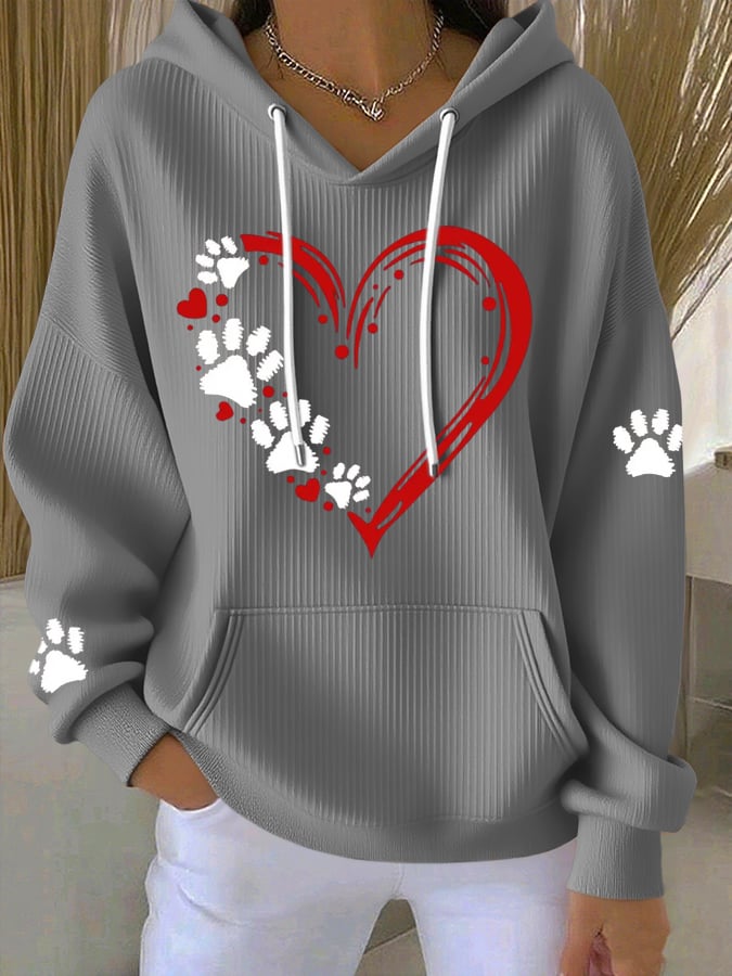 Women's Heart Paw Print Casual Hoodie Sweatshirt