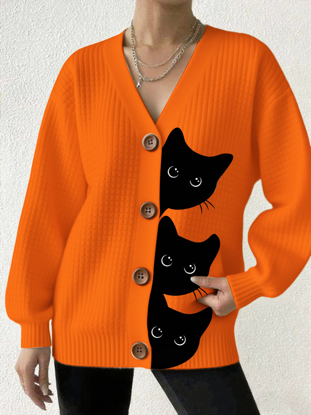 Women's Halloween Fun Black Cat Print Cardigan Sweater