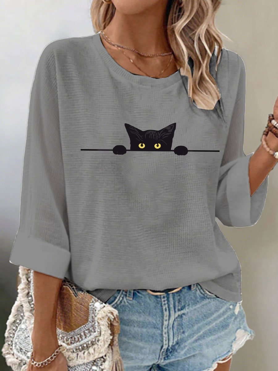 🐾Buy 3 Save 10%🐱Women's Cat Print Waffle Long Sleeve T-Shirt💛100% For Shelter Pets🐱🐶