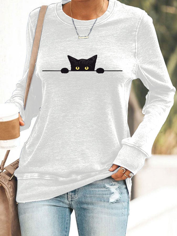 Women's Cat Printed Crew Neck Sweatshirt