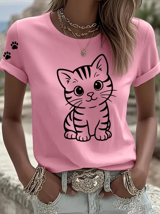Women's Cute Cat Printed Casual T-Shirt
