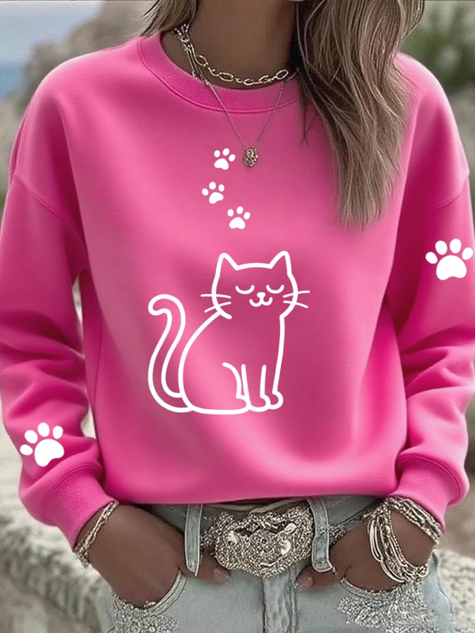 Women'S Cute Cat Print Crew Neck Sweatshirt