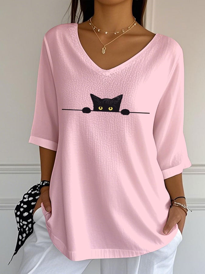 🐾Buy 3 Save 10%🐱Women's Cute Cat Print Casual V-Neck T-Shirt💛100% For Shelter Pets🐱🐶