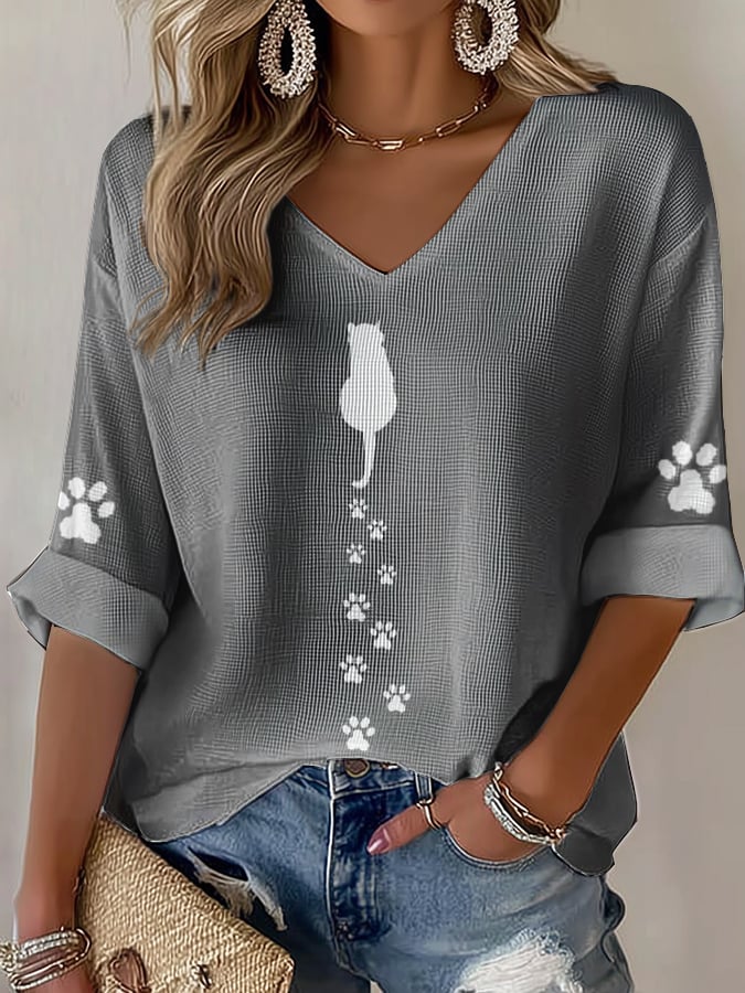 🐾Buy 3 Save 10%🐱Women's Cute Cat Print Waffle T-shirt💛100% For Shelter Pets🐱🐶