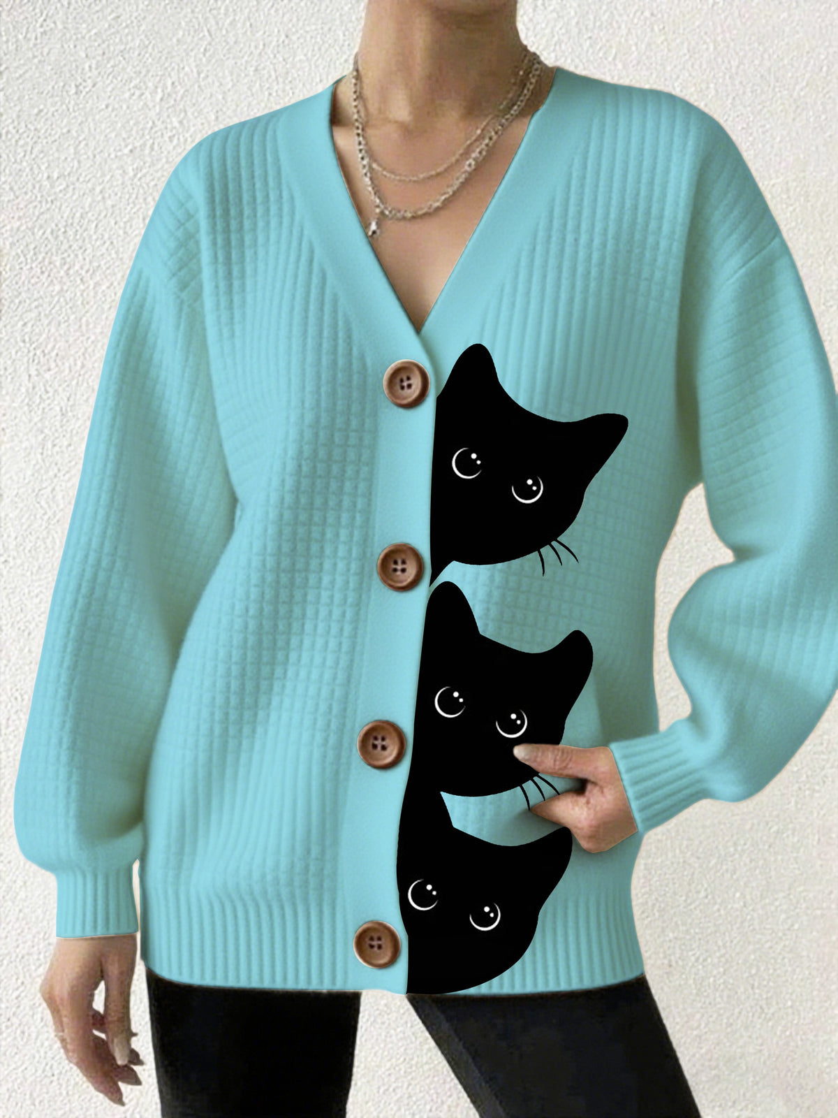 Women's Halloween Fun Black Cat Print Cardigan Sweater