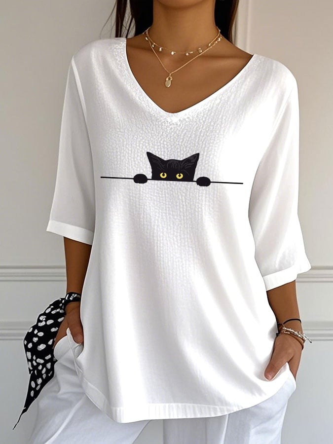 🐾Buy 3 Save 10%🐱Women's Cute Cat Print Casual V-Neck T-Shirt💛100% For Shelter Pets🐱🐶