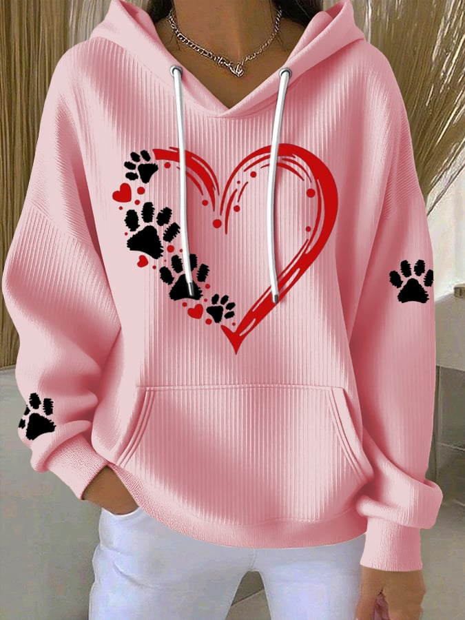 Women's Heart Paw Print Casual Hoodie Sweatshirt