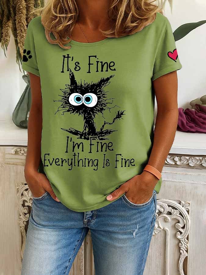 🐾Buy 3 Save 10%🐱Women's Retro It'S Fine I'M Fine Everything Is Fine Cat Print T-Shirt💛100% For Shelter Pets🐱🐶