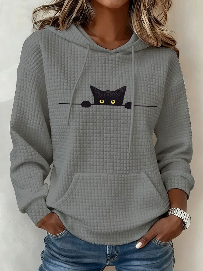Women's Casual Cat Print Checkered Fabric Hooded Sweatshirt