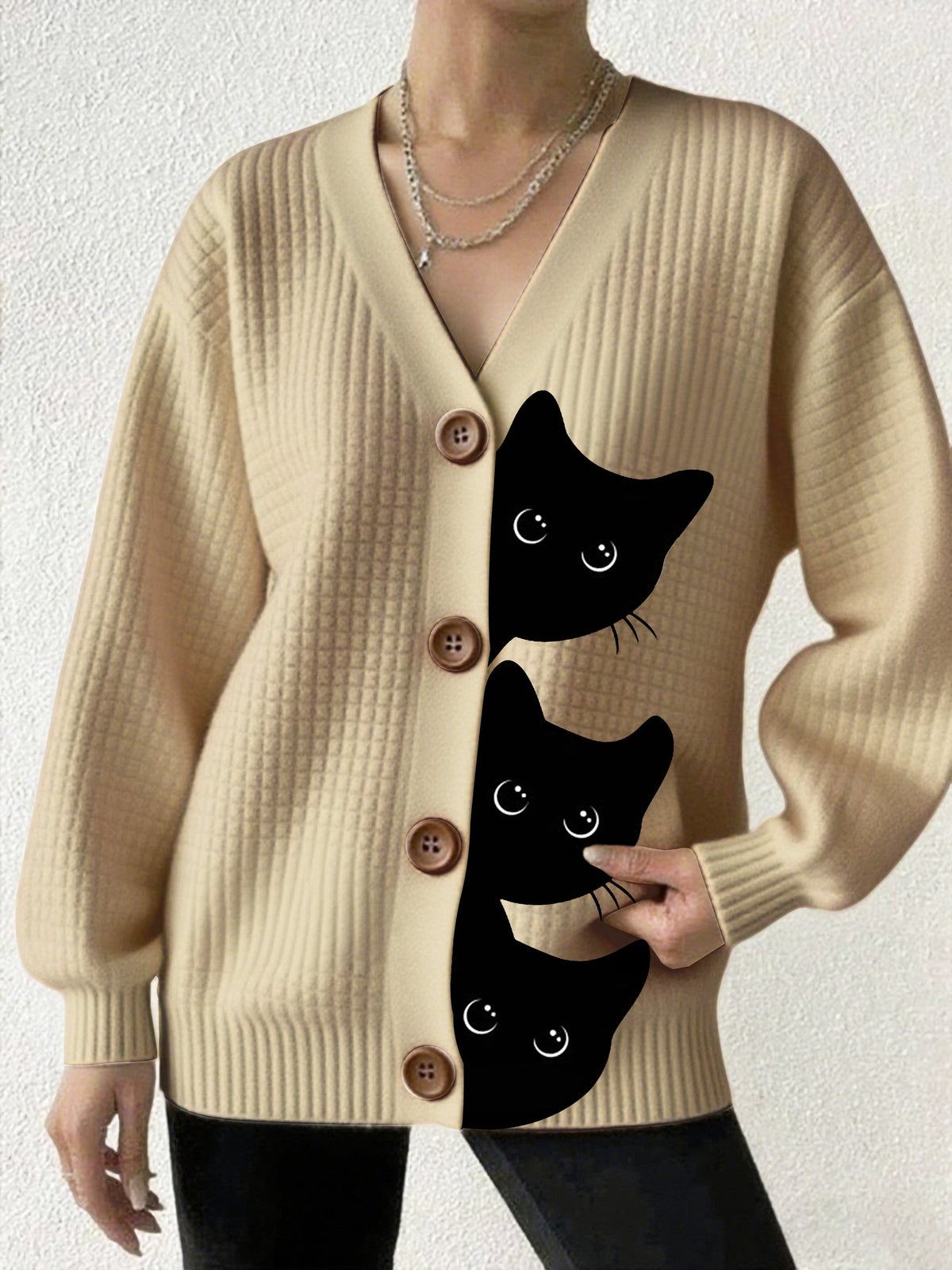 Women's Halloween Fun Black Cat Print Cardigan Sweater