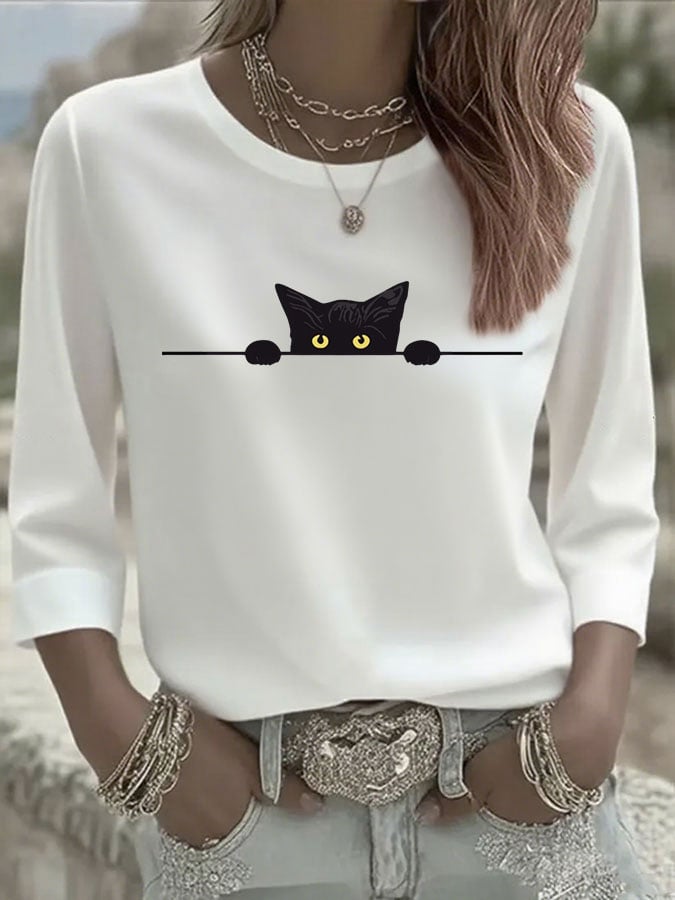 Women's Casual Cat Print Three-Quarter Sleeve T-Shirt