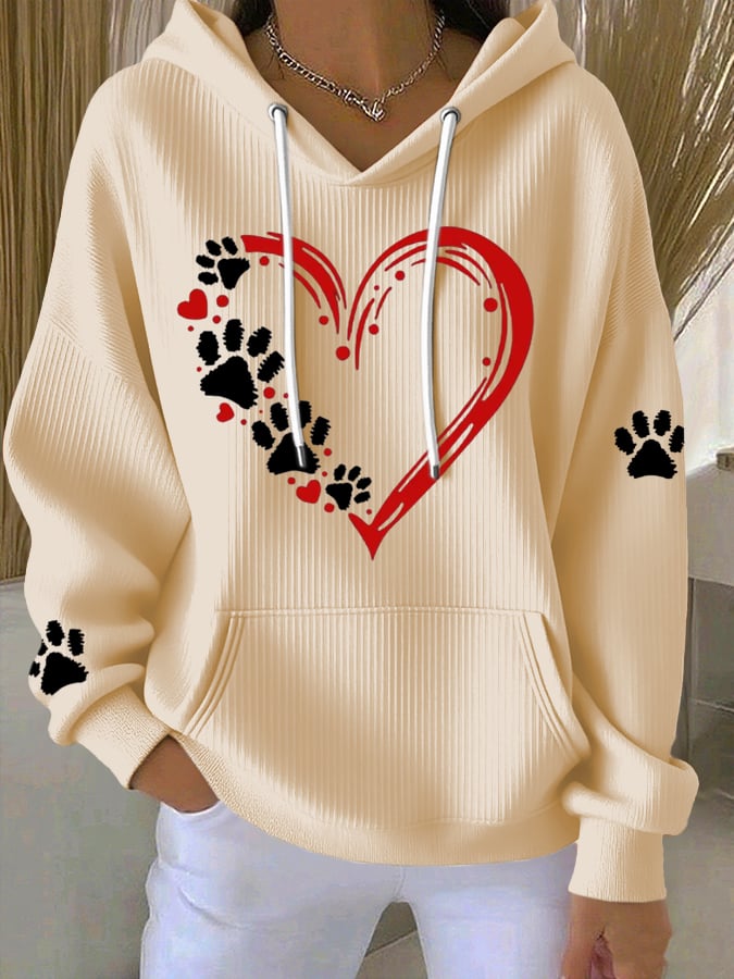 Women's Heart Paw Print Casual Hoodie Sweatshirt
