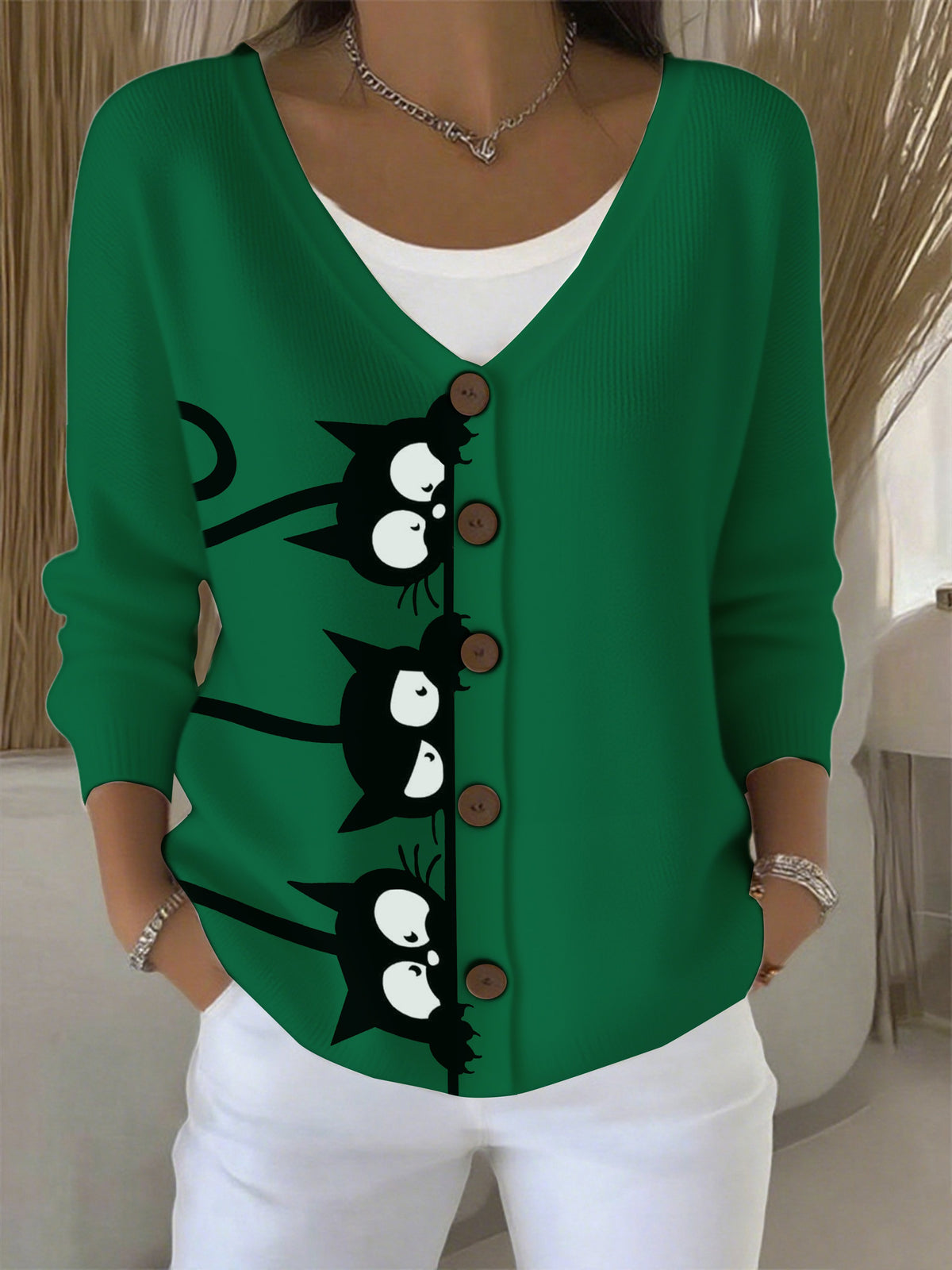 Women's Autumn Sleeping Black Cat Fun Printed Sweater Cardigan