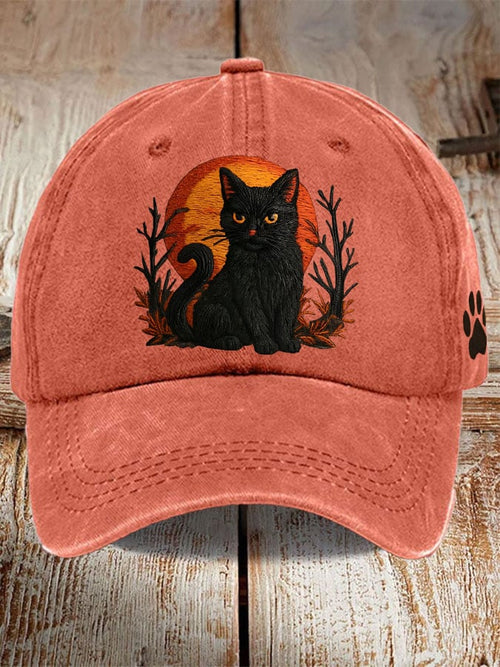 Unisex Distressed Washed Cute Cat Print Hat