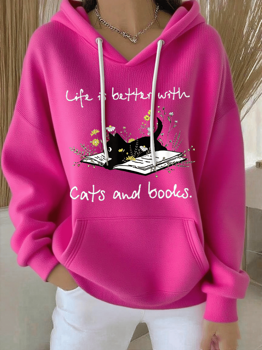 Women's Life Is Better With Cats And Books Print Casual Hooded Sweatshirt
