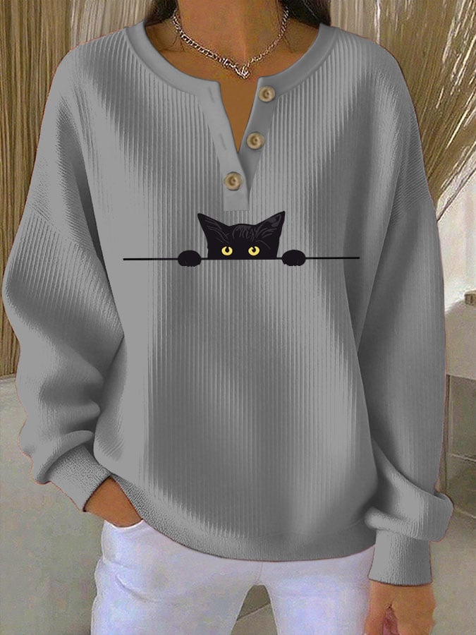 Women's Cat Print Knitted Crew Neck Long Sleeve Top