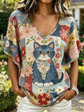 🐾 Buy 3 Save 10%🐱Women's Cat and Floral Print V-Neck Casual T-Shirt💛100% For Shelter Pets🐱🐶